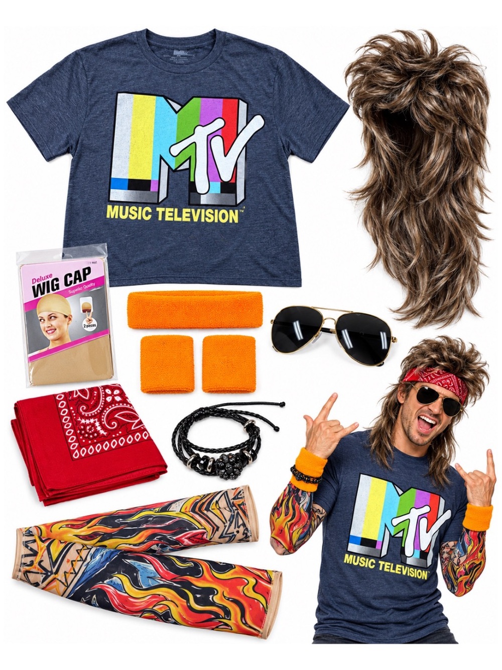 Mens 80s Costume Set MTV Shirt Mullet Wig Bandana Sunglasses Accessories XXL Tee